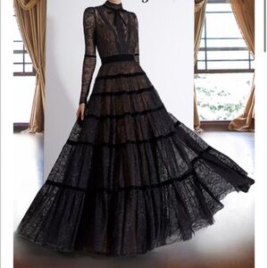 Janique sheer long sleeve high neck lace a line gown